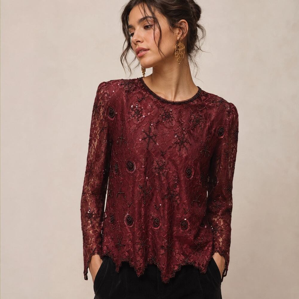 Vintage Lawrence Kazar Burgundy Silk Sequin Lace Blouse Large